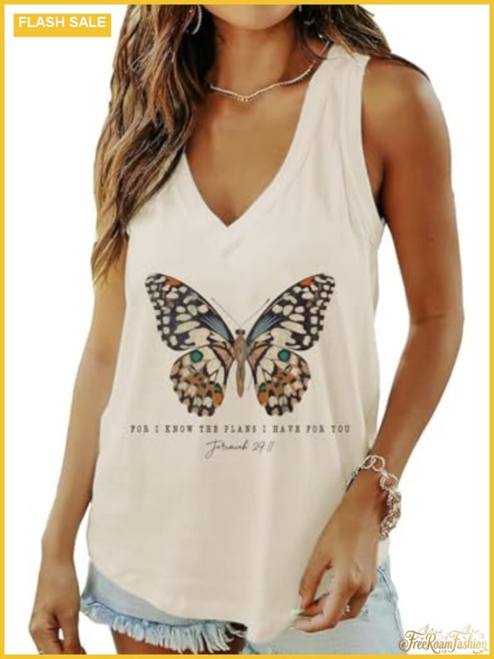 Cotton Blend Deep V-Neck Graphic Tank Top Sleeveless Summer Casual
